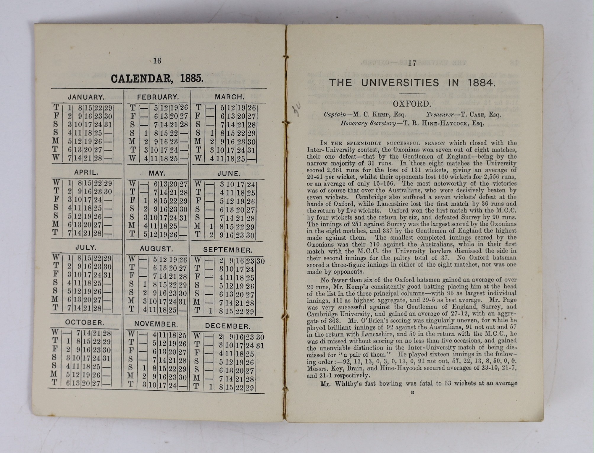 Wisden, John - Cricketers’ Almanack for 1885, 22nd edition, original paper wrappers, 2cm. tear to upper spine, but paper present, spotting to early advertisements, title, page edges and endpapers.